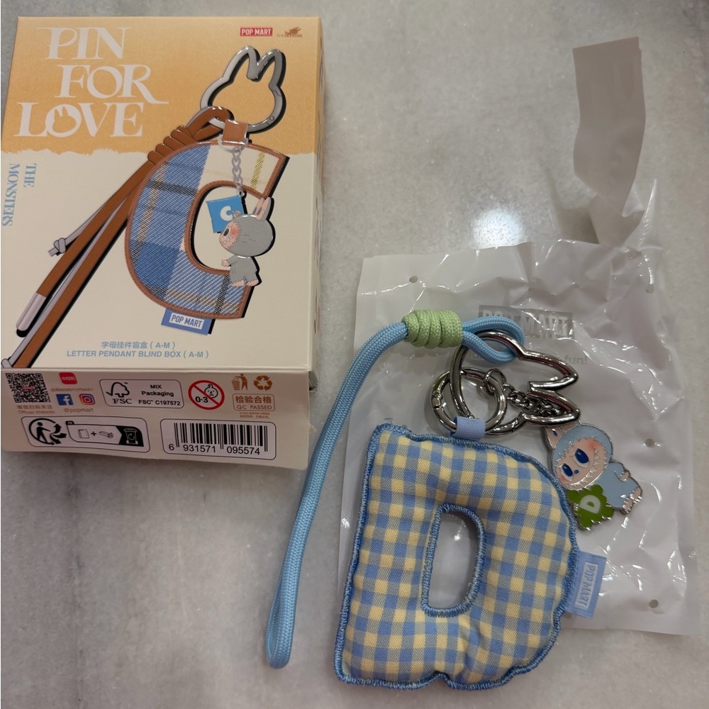 POP MART Pin For Love Blue & Yellow Gingham 'D' Letter Keychain